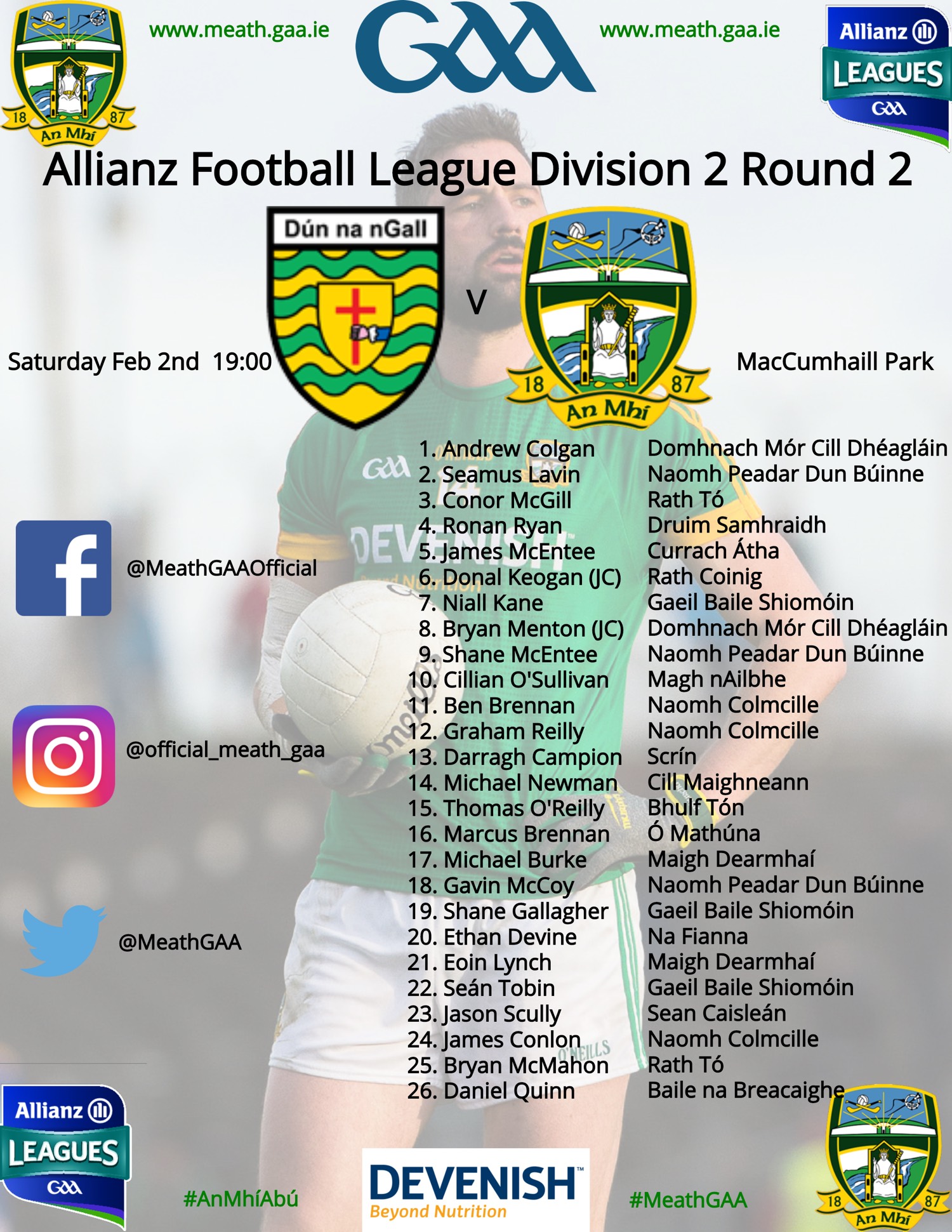 Meath team vs Donegal Feb 2019